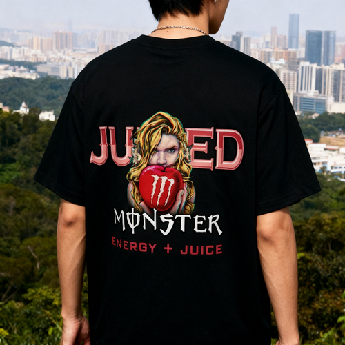 Person wearing a black t-shirt with 'Juiced Monster' design, standing outdoors with a cityscape in the background.