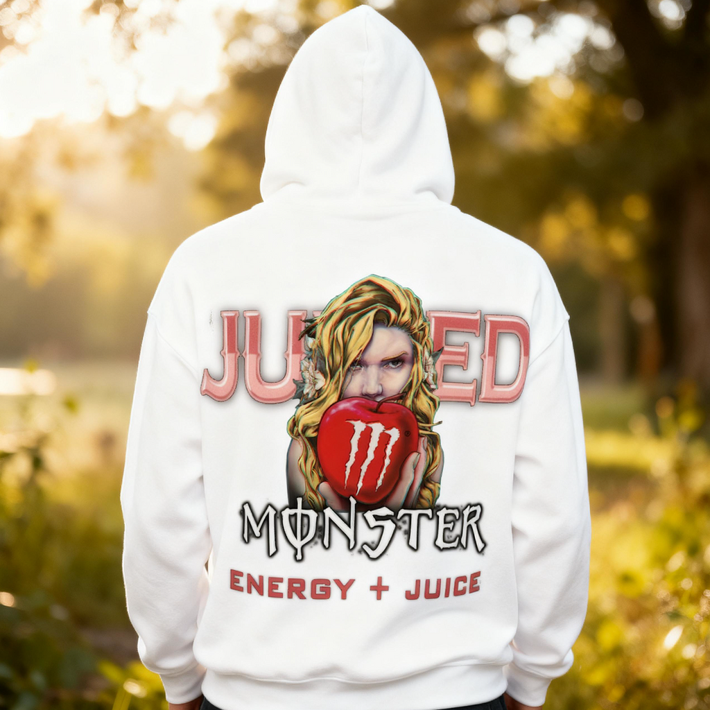 White hoodie with 'Juiced Monster Energy + Juice' design in an outdoor setting