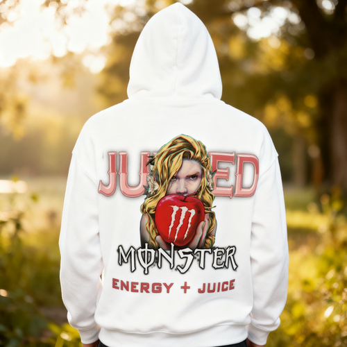 White hoodie with 'Juiced Monster Energy + Juice' design in an outdoor setting