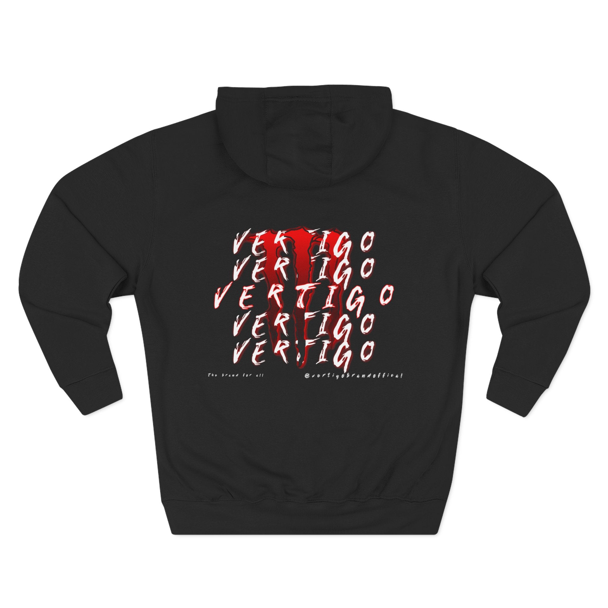 Vertigo Graphic Hoodie — Three-Panel Red Stacked Text Fleece Pullover