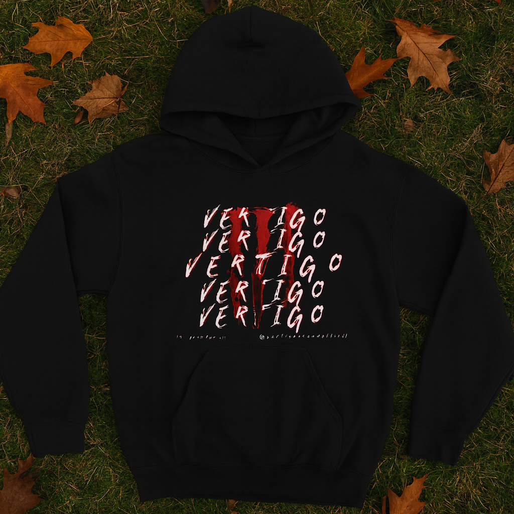Vertigo Graphic Hoodie — Three-Panel Red Stacked Text Fleece Pullover