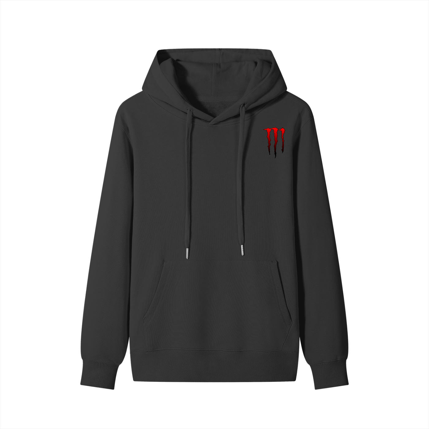 Black hoodie with a red monster energy logo on the chest against a white background