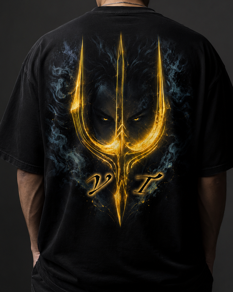 Person wearing a black t-shirt with a gold and blue symbol ZYZZ W on the back against a dark background